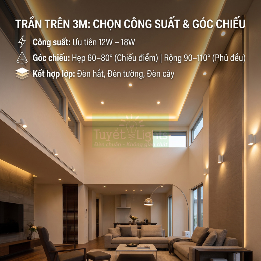 Đèn led âm trần Tuyết Lights chiếu sáng phòng khách trần cao hiện đại, kết hợp đèn hắt và đèn tường