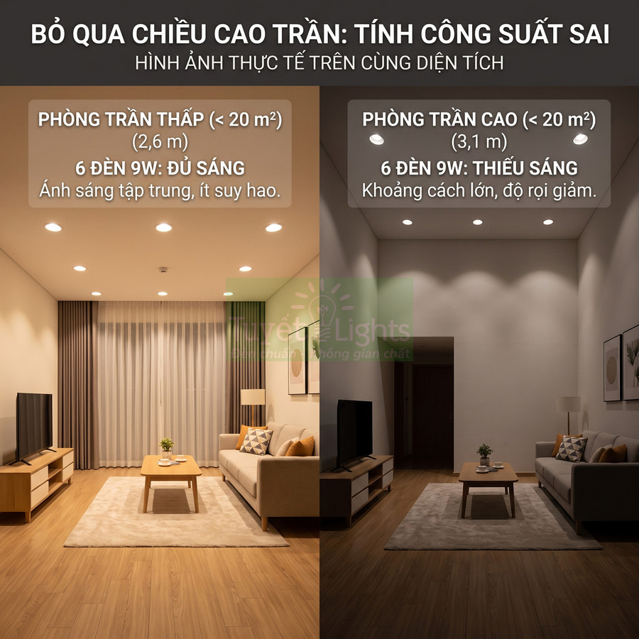 So sánh phòng khách dùng 6 đèn LED âm trần 9W ở trần thấp đủ sáng và trần cao thiếu sáng