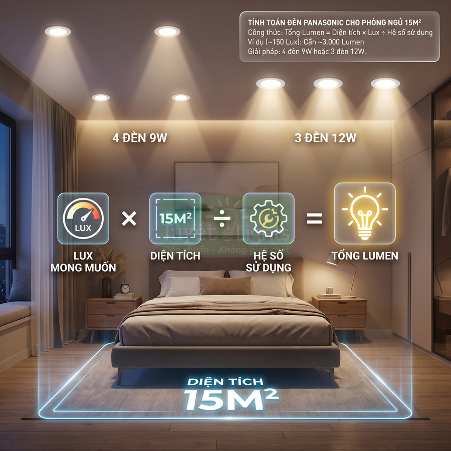 Đèn âm trần Panasonic chiếu sáng phòng ngủ 15m2 với hướng dẫn tính tổng lumen phù hợp