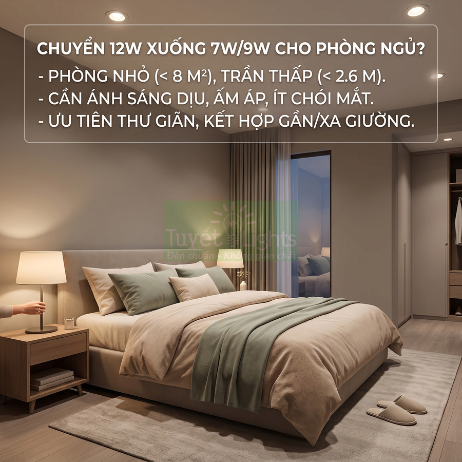 Phòng ngủ nhỏ dùng đèn LED âm trần 7W 9W ánh sáng dịu ấm và đèn bàn ngủ tạo không gian thư giãn
