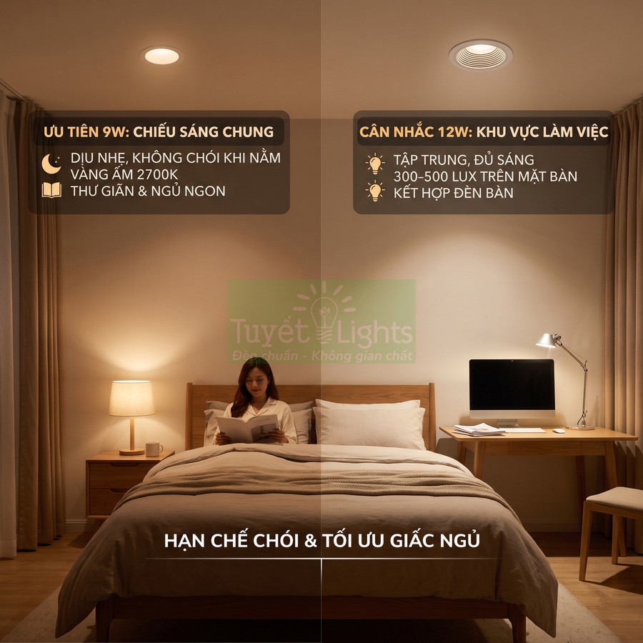 Đèn âm trần Tuyết Lights 9W và 12W chiếu sáng phòng ngủ, tối ưu cho thư giãn và khu vực làm việc