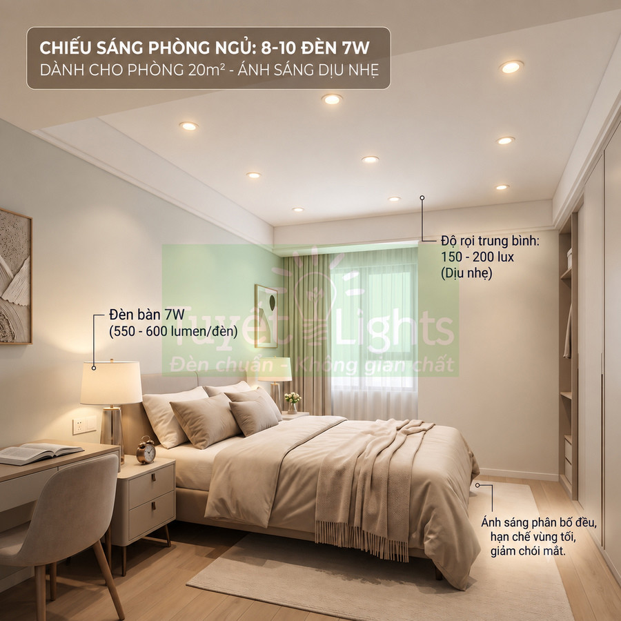 Phòng ngủ hiện đại sử dụng hệ thống đèn âm trần 7W ánh sáng dịu nhẹ cho không gian 20m2