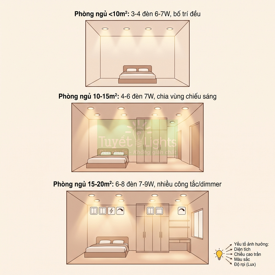 Minh họa số lượng đèn LED âm trần cho phòng ngủ 10m2 15m2 20m2 theo diện tích và công suất chiếu sáng