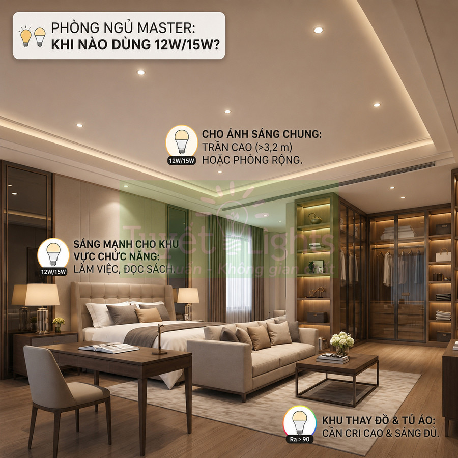Phòng ngủ master sang trọng sử dụng đèn LED âm trần 12W 15W chiếu sáng trần cao và khu vực làm việc đọc sách