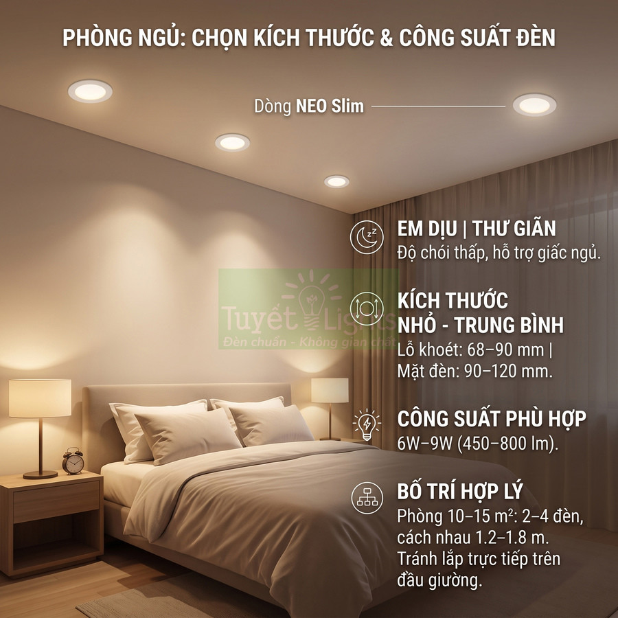 Đèn âm trần NEO Slim chiếu sáng phòng ngủ ấm áp với giường đôi, đèn bàn và rèm cửa tạo không gian thư giãn