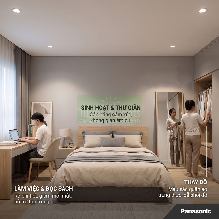 Phòng ngủ hiện đại dùng đèn LED âm trần Panasonic cho góc làm việc, giường ngủ và tủ quần áo