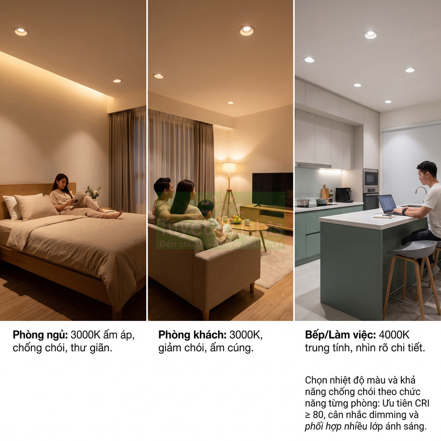 Đèn LED âm trần chiếu sáng phòng ngủ 3000K, phòng khách 3000K và bếp làm việc 4000K trong căn hộ hiện đại