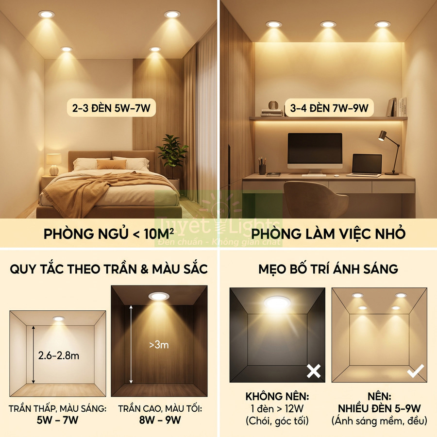 Hướng dẫn chọn và bố trí đèn led âm trần 5W 9W cho phòng ngủ nhỏ và phòng làm việc nhỏ