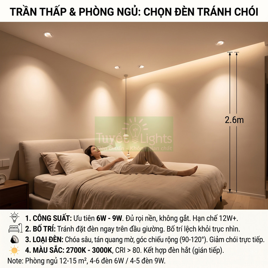 Đèn âm trần chống chói Tuyết Lights cho phòng ngủ trần thấp, ánh sáng vàng dịu 2700K 3000K
