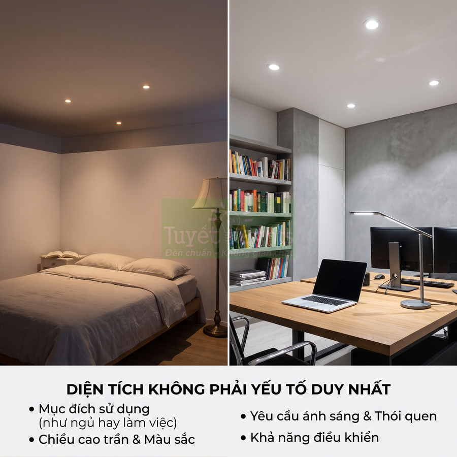 So sánh phòng ngủ và phòng làm việc sử dụng đèn âm trần LED với mức độ chiếu sáng khác nhau