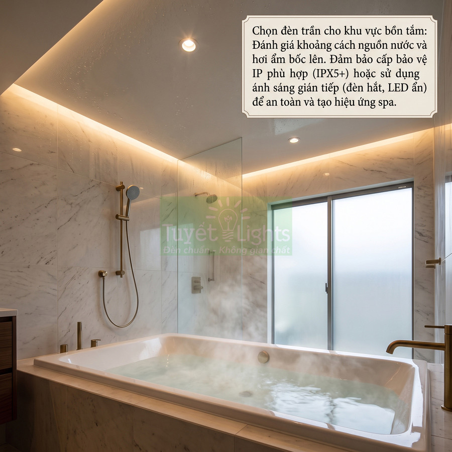 Đèn trần âm trần và đèn led hắt sáng khu vực bồn tắm đá cẩm thạch sang trọng trong phòng tắm hiện đại