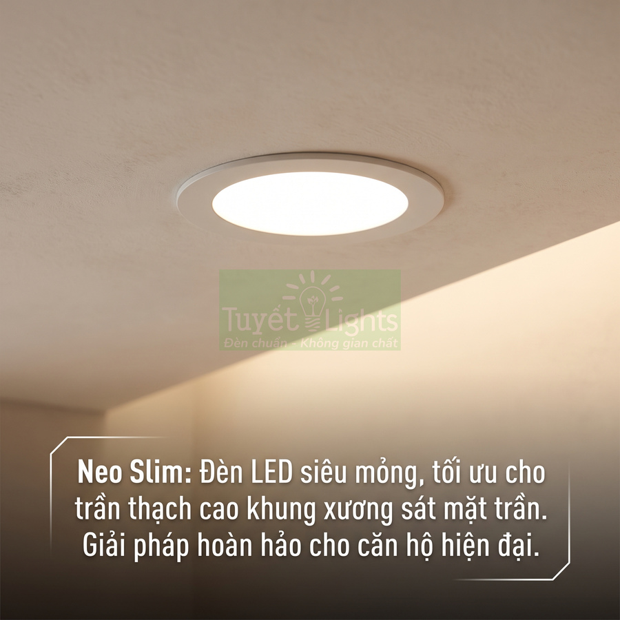 Đèn LED âm trần siêu mỏng Neo Slim Tuyết Lights lắp trên trần thạch cao căn hộ hiện đại