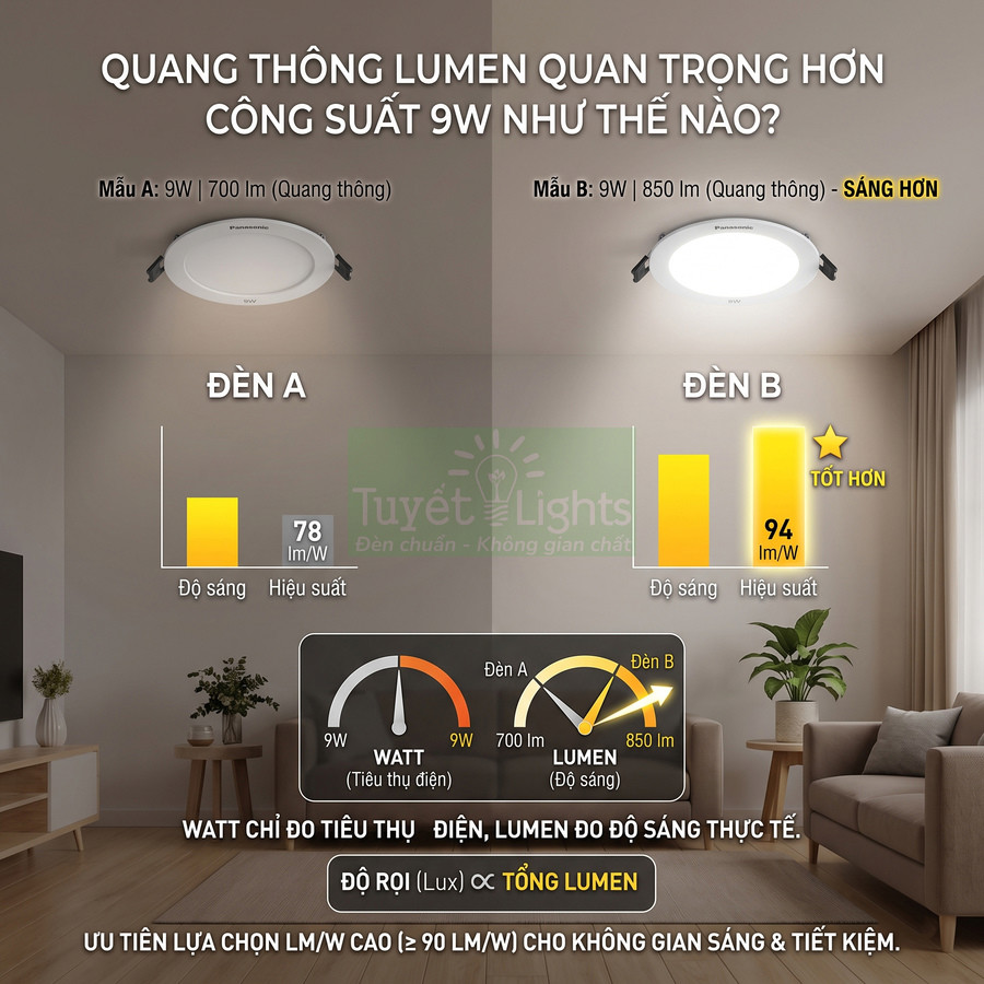 So sánh hai mẫu đèn âm trần 9W của Tuyết Lights với quang thông lumen và hiệu suất chiếu sáng