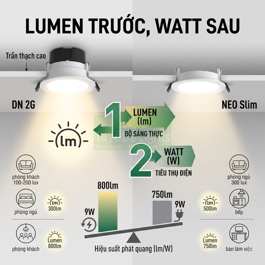 So sánh đèn âm trần DN 2G và NEO Slim, độ sáng lumen và công suất watt cho phòng khách, phòng ngủ, bếp
