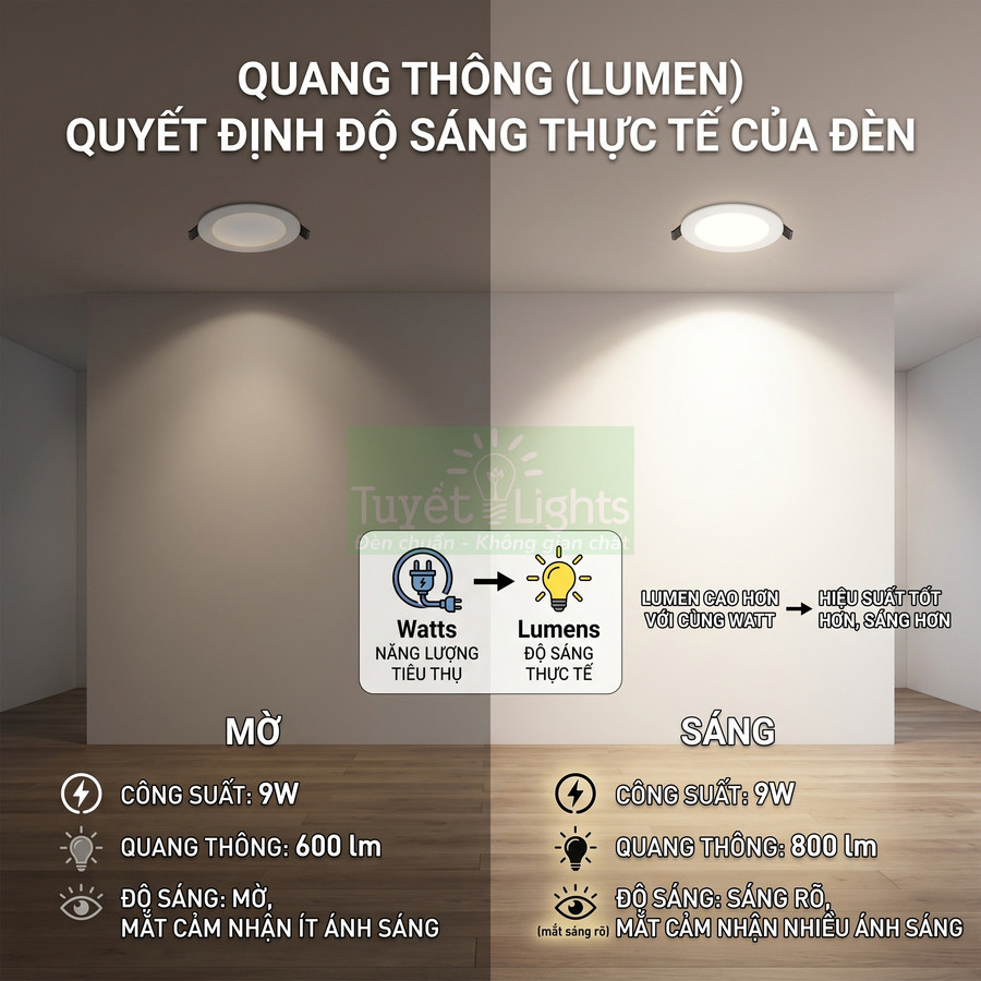 So sánh độ sáng đèn LED âm trần 9W với quang thông 600lm và 800lm trong phòng ngủ
