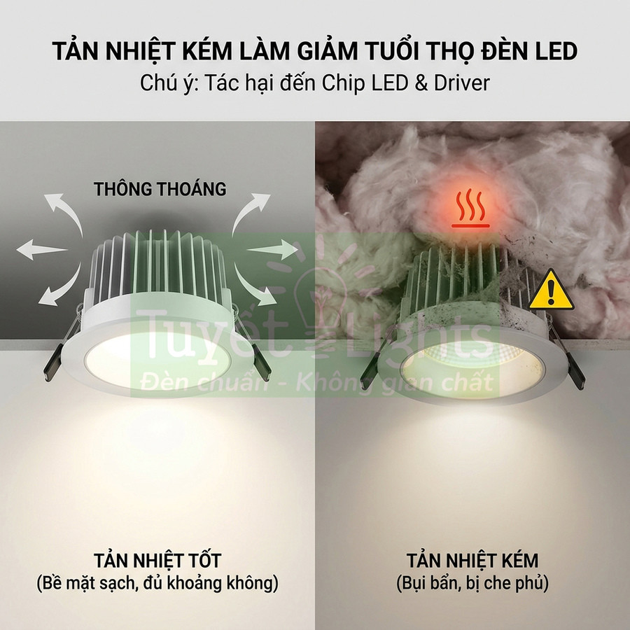 So sánh đèn LED âm trần tản nhiệt tốt và tản nhiệt kém do bụi bẩn che phủ, ảnh hưởng tuổi thọ đèn