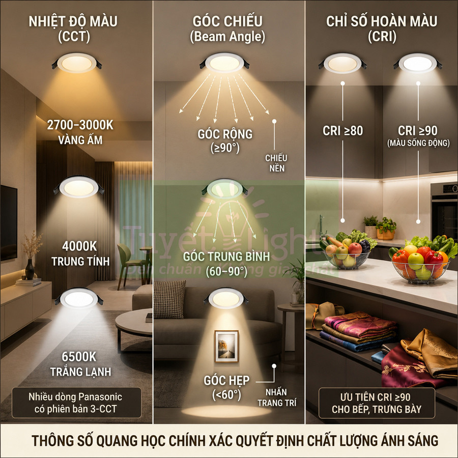 Đèn downlight âm trần Panasonic với các mức nhiệt độ màu, góc chiếu và chỉ số hoàn màu cho phòng khách và bếp