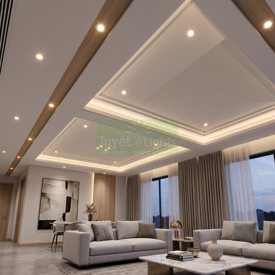 Đèn âm trần Tuyết Lights chiếu sáng phòng khách hiện đại với trần thạch cao và sofa cao cấp