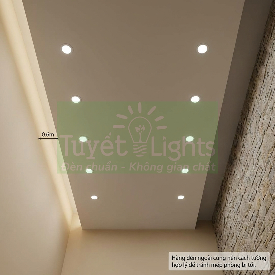 Trần thạch cao phòng khách lắp đèn led âm trần Tuyết Lights chiếu sáng đều cạnh tường gạch