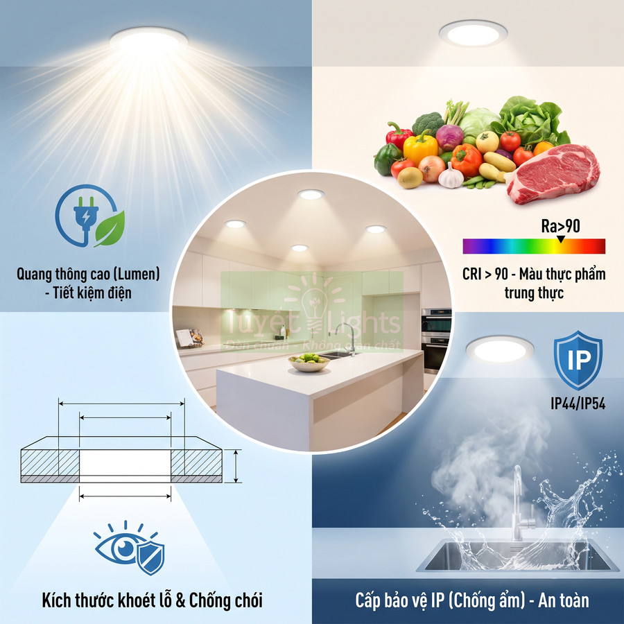 Đèn LED âm trần Tuyết Lights chiếu sáng nhà bếp, quang thông cao, CRI trên 90, chống chói và chống ẩm IP44 IP54
