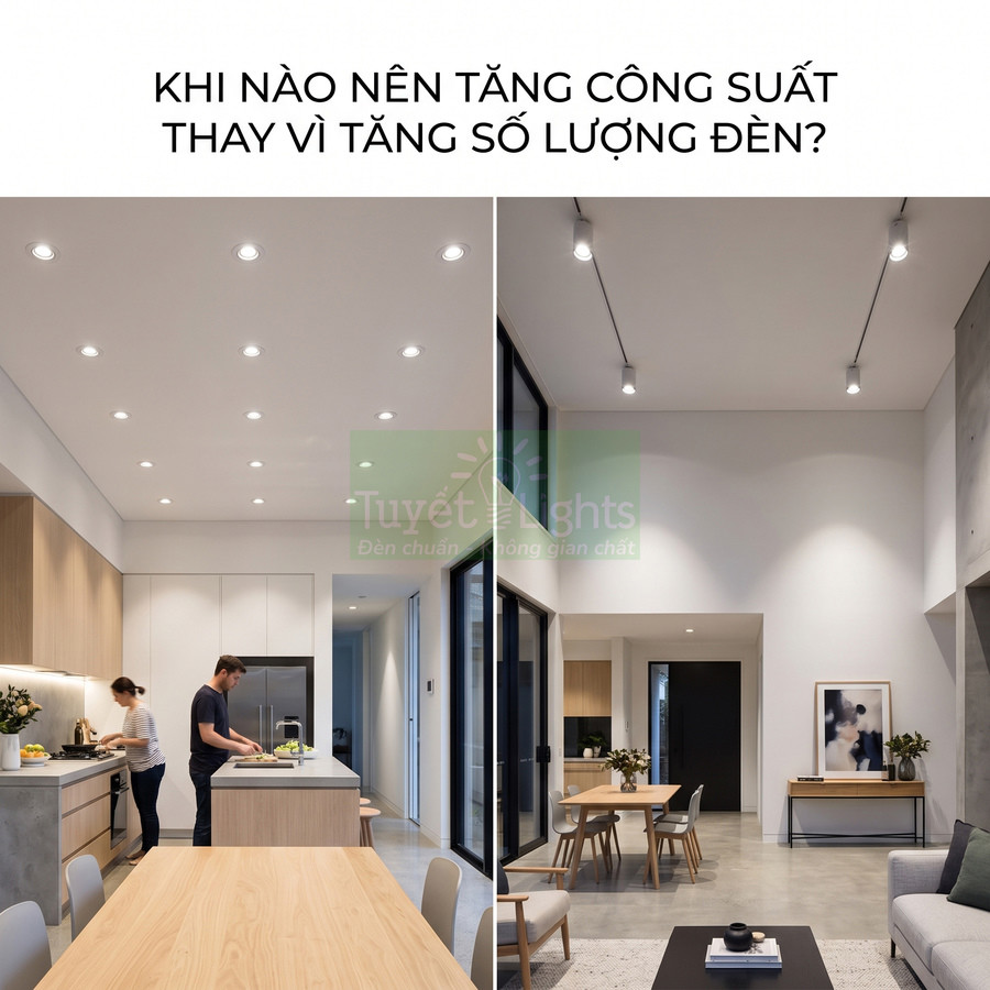 Đèn âm trần và đèn rọi ray Tuyết Lights chiếu sáng phòng bếp và phòng khách hiện đại