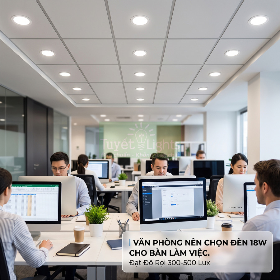 Đèn LED âm trần 18W Tuyết Lights chiếu sáng văn phòng hiện đại với nhân viên làm việc trên máy tính