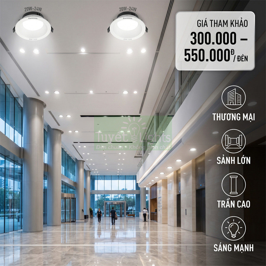 Đèn LED âm trần Panasonic 20W 24W chiếu sáng sảnh lớn trần cao trong tòa nhà thương mại