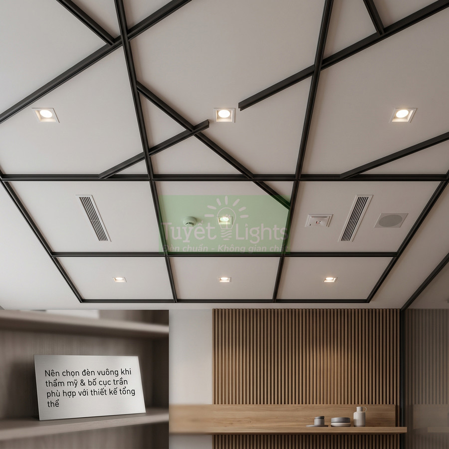 Trần thạch cao hiện đại với đèn âm trần vuông Tuyết Lights chiếu sáng không gian nội thất sang trọng