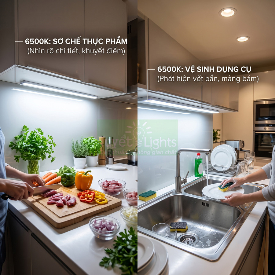 Đèn LED 6500K chiếu sáng bếp giúp nhìn rõ khi sơ chế thực phẩm và rửa bát trong không gian bếp hiện đại