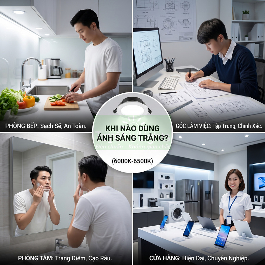 Đèn LED ánh sáng trắng 6000K 6500K dùng cho phòng bếp, phòng tắm, góc làm việc và cửa hàng hiện đại