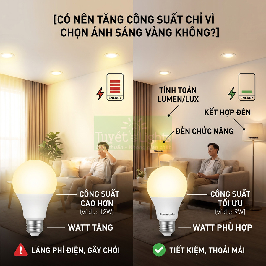 So sánh bóng đèn LED Panasonic công suất cao và công suất tối ưu trong phòng khách tiết kiệm điện