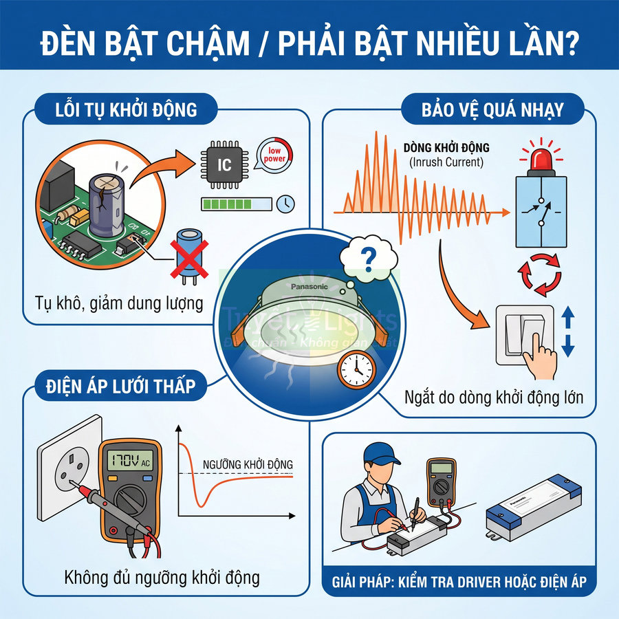 Infographic nguyên nhân đèn Panasonic bật chậm và giải pháp kiểm tra driver, điện áp, tụ khởi động