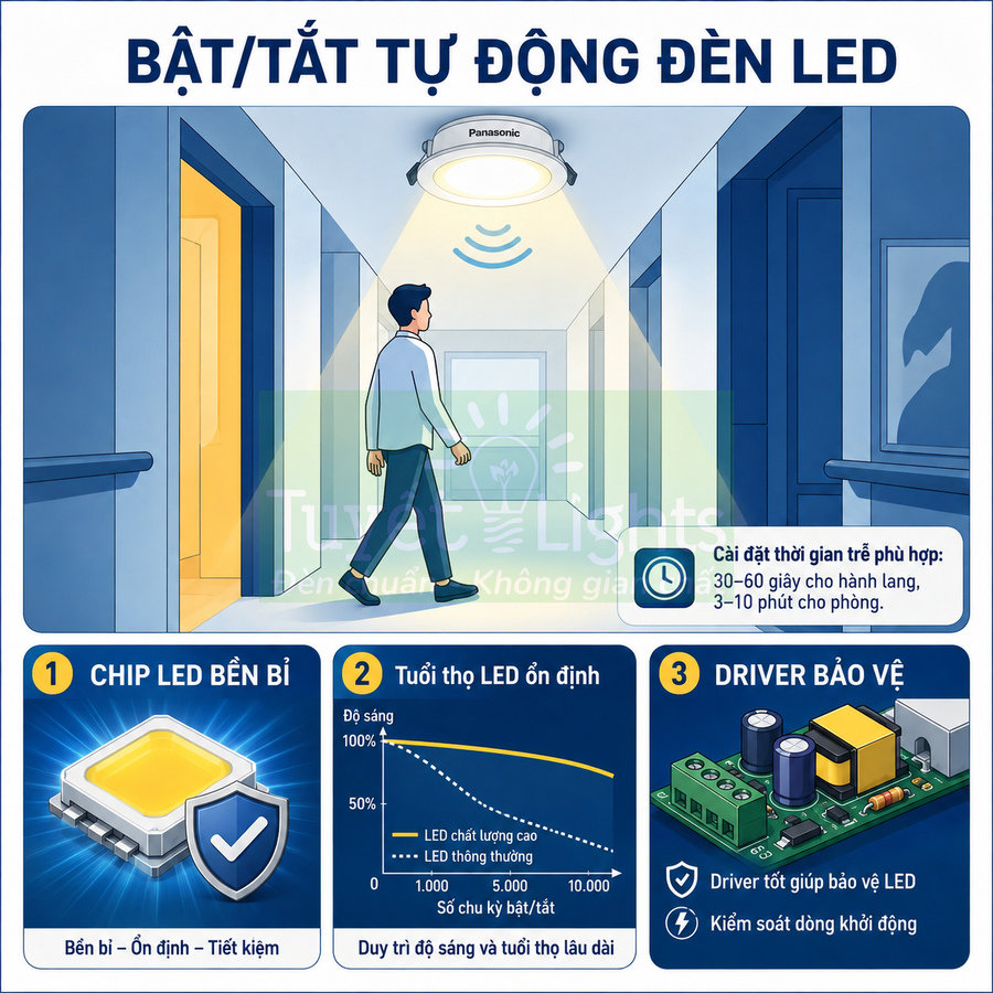 Đèn LED cảm biến chuyển động Panasonic tự động bật tắt, chip LED bền, driver bảo vệ, phù hợp hành lang và phòng ở