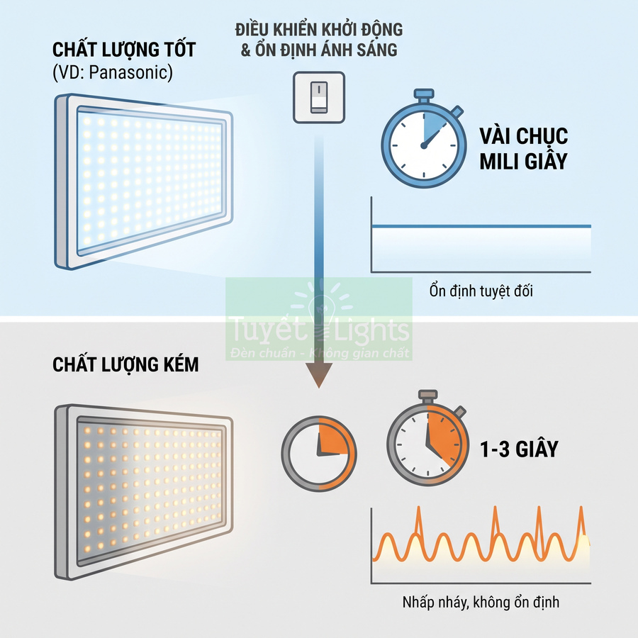 So sánh đèn LED Panasonic chất lượng tốt sáng ổn định với đèn LED kém chất lượng nhấp nháy chậm trễ