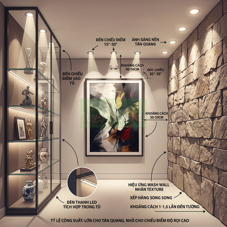 Hệ thống đèn LED âm trần chiếu điểm và tán quang trang trí tranh treo tường và tủ trưng bày trong hành lang hiện đại