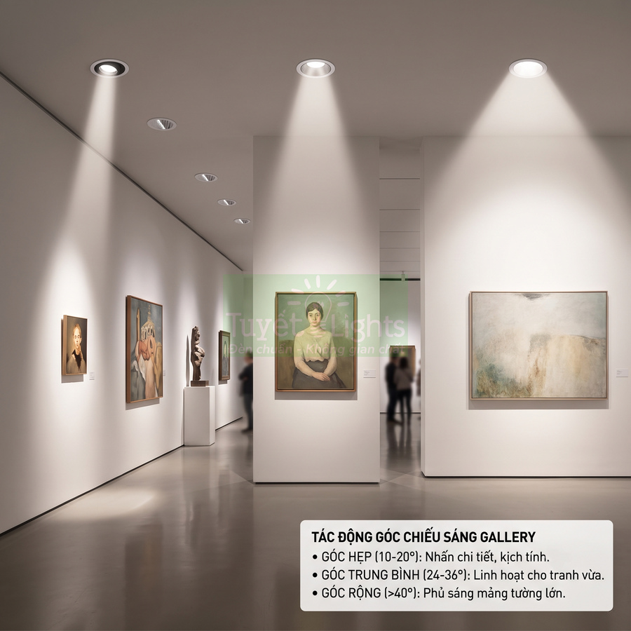 Đèn downlight âm trần chiếu điểm tranh trong phòng trưng bày nghệ thuật hiện đại