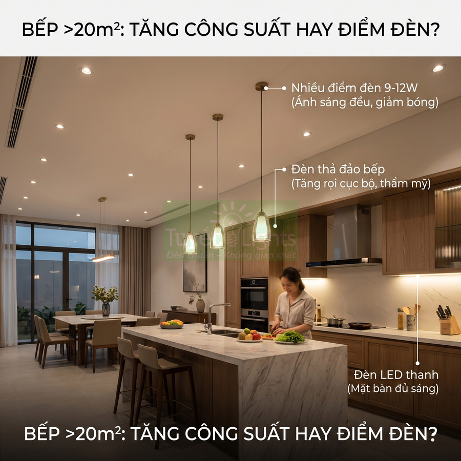 Hệ thống đèn LED âm trần, đèn thả và đèn LED thanh chiếu sáng đầy đủ cho không gian bếp hiện đại