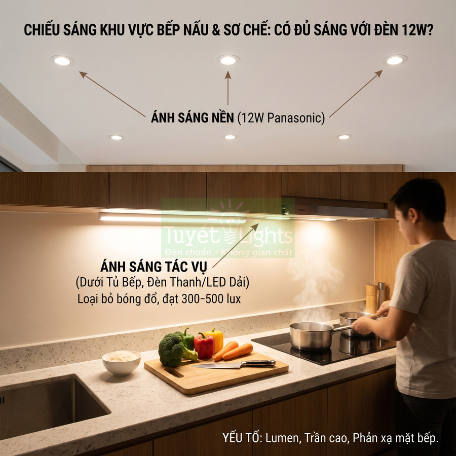 Đèn LED âm trần Panasonic 12W và đèn LED dưới tủ bếp chiếu sáng khu vực nấu ăn hiện đại