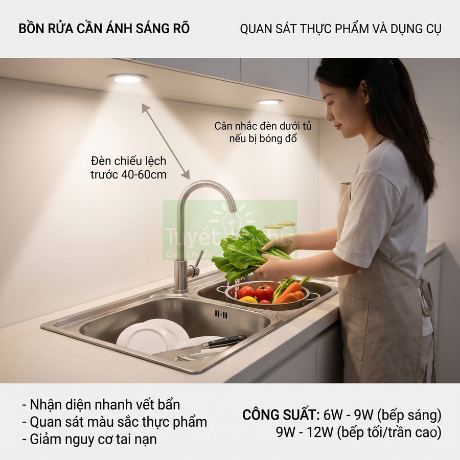 Đèn led âm tủ chiếu sáng bồn rửa bát giúp quan sát thực phẩm và dụng cụ nhà bếp rõ ràng
