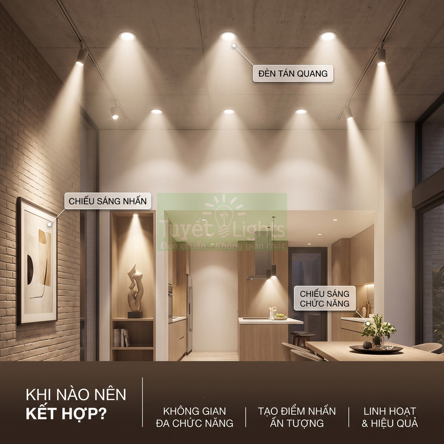Đèn âm trần Tuyết Lights chiếu sáng phòng khách và bếp hiện đại, kết hợp chiếu sáng nhấn và chiếu sáng chức năng