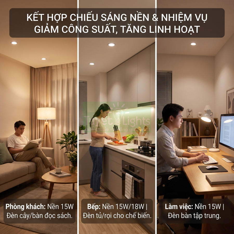 Đèn LED chiếu sáng phòng khách, bếp và góc làm việc với đèn cây, đèn tủ bếp và đèn bàn học tiết kiệm điện