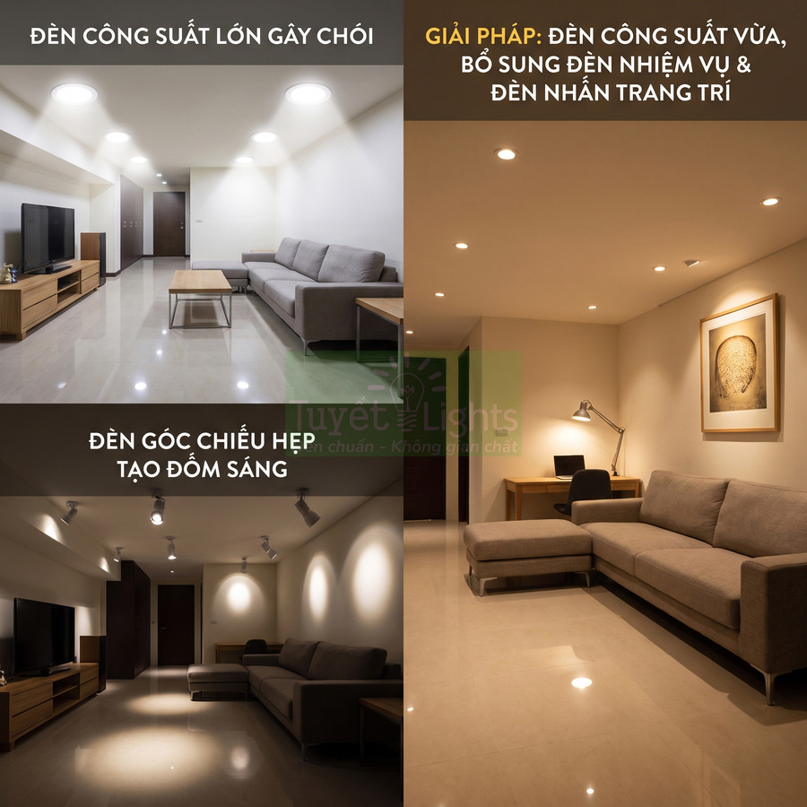 Phòng khách hiện đại với sofa xám, bàn gỗ và hệ thống đèn trần LED chiếu sáng ấm áp
