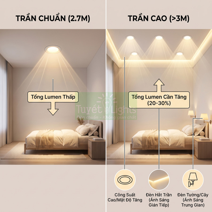 So sánh bố trí đèn LED phòng ngủ cho trần chuẩn và trần cao, minh họa cách tăng tổng lumen chiếu sáng