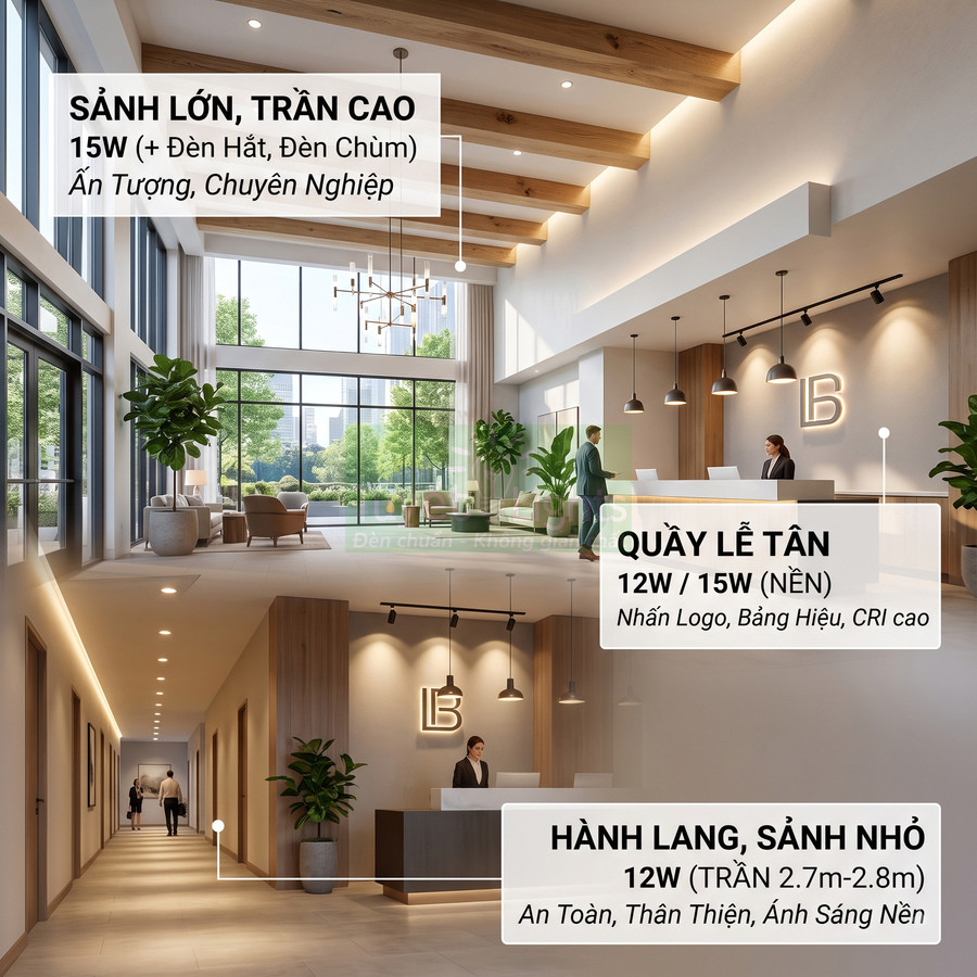 Đèn LED chiếu sáng sảnh lớn, quầy lễ tân và hành lang văn phòng hiện đại trần cao, ánh sáng ấm chuyên nghiệp