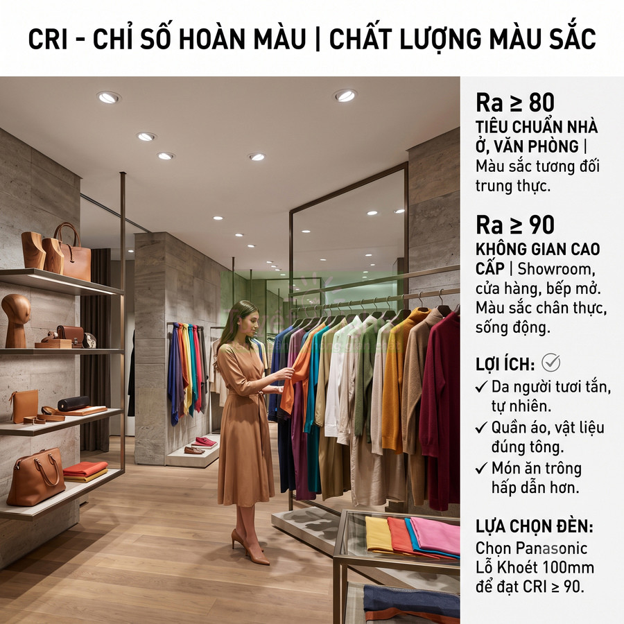 Đèn âm trần Panasonic CRI cao chiếu sáng showroom quần áo, giúp màu vải và không gian hiển thị trung thực, sống động