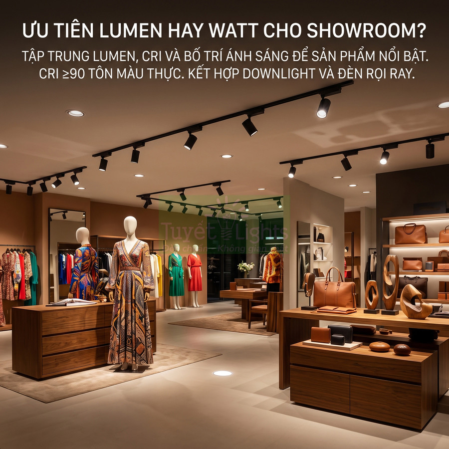Showroom thời trang với đèn downlight và đèn rọi ray LED chiếu sáng quần áo và túi xách cao cấp
