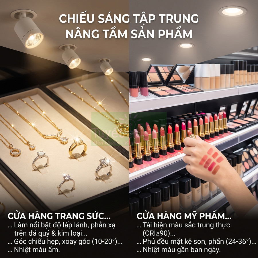 Đèn LED chiếu điểm làm nổi bật trang sức vàng và kệ son môi, phấn trang điểm trong cửa hàng bán lẻ