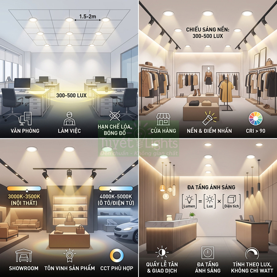 Đèn LED chiếu sáng văn phòng, cửa hàng, showroom và quầy lễ tân với các mức lux và nhiệt độ màu phù hợp