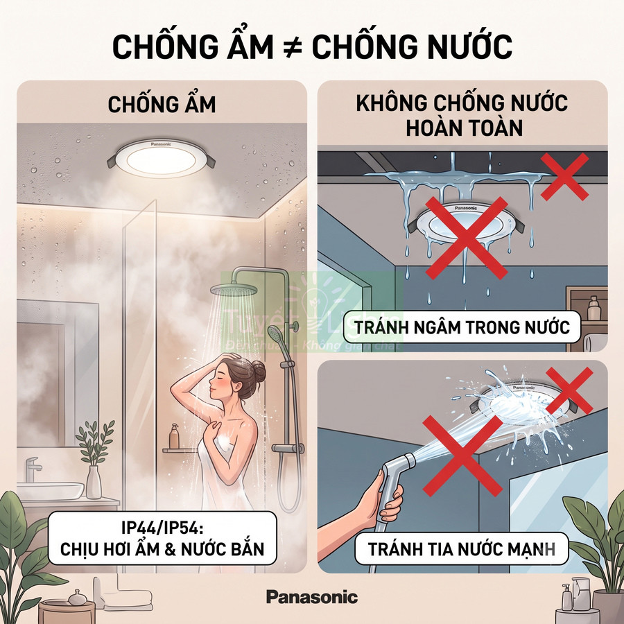 Đèn ốp trần chống ẩm Panasonic IP44 IP54 dùng trong phòng tắm, tránh ngâm nước và tia nước mạnh