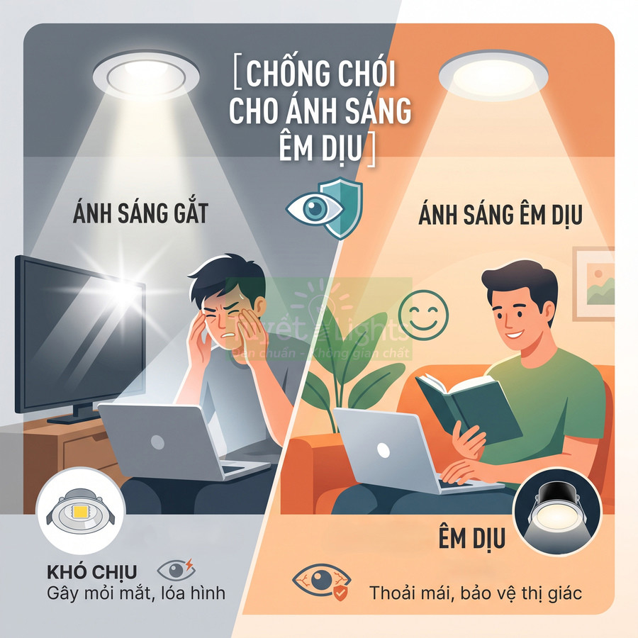 Đèn LED âm trần chống chói cho ánh sáng êm dịu, bảo vệ mắt khi làm việc và đọc sách
